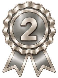 Brushed-silver award rosette displaying the number 2, representing SVQ Level 2.