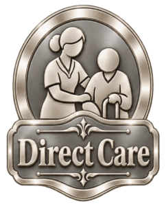 Brushed-silver emblem depicting a care worker supporting an older person, representing direct care practice