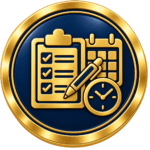 Circular gold and navy medallion featuring a checklist, pen, calendar and clock, representing structured SVQ assessment planning and agreed workplace evidence opportunities.