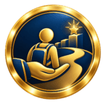 Gold and navy medallion featuring a candidate supported by a hand, with a path leading towards a star, representing candidate development.