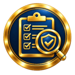 Gold and navy medallion featuring a handshake, professionals and an open book, representing collaborative working and assessment quality.