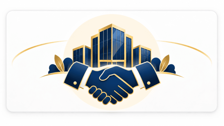 Gold and navy illustration of a professional handshake in front of an organisation, representing philosVQ employer partnerships for workplace-based SVQ assessment.