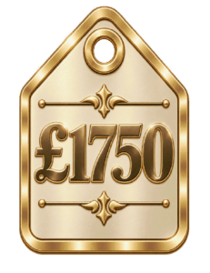 Champagne-gold price tag displaying the £1,750 SVQ Level 3 qualification fee.