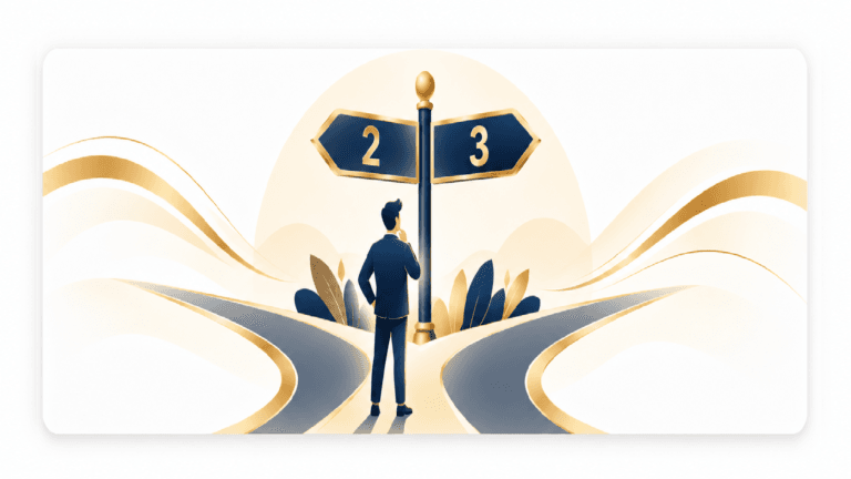 Illustration of a person standing at a crossroads beside a signpost pointing to "2" and "3" symbolising choosing between SVQ Level 2 and SVQ Level 3