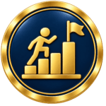 Gold-and-navy medallion showing a person climbing steps towards a flag, representing achievement, professional development and positive outcomes in SVQ workplace practice