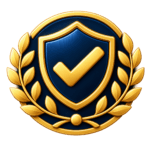 Gold and navy medallion featuring a shield, checkmark and laurel wreath, representing demonstrated professional competence.