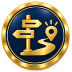 Circular gold and navy medallion featuring a directional signpost, winding path and location marker, representing clear guidance and expectations throughout SVQ assessment.