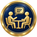 Circular gold and navy medallion featuring two people in discussion, a speech bubble and an upward progress chart, representing constructive feedback and professional development during SVQ assessmen