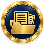 Circular gold and navy medallion featuring a folder containing workplace documents, representing records and work products used as supporting evidence of occupational competence in SVQ assessment.