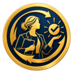Gold and navy medallion showing a professional holding a clipboard and presenting a compass, representing ownership of evidence and professional responsibility