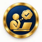 Circular gold and navy medallion featuring a professional reflecting at a laptop with a checkmark thought bubble, representing reflective practice and professional reasoning in SVQ assessment.