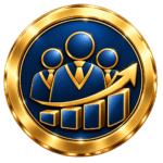 Gold and navy circular medallion featuring three professionals, ascending bars and an upward arrow, representing workforce development.