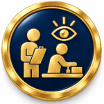 Circular gold and navy medallion featuring an assessor with a clipboard observing a person at work, representing direct observation of occupational competence during SVQ assessment.