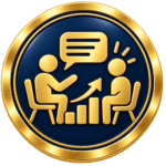 Circular gold and navy medallion featuring two people in discussion, a speech bubble and an upward progress chart, representing constructive feedback and professional development during SVQ assessment.
