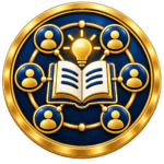 Gold and navy graphic showing people connected around an open book and lightbulb, representing shared organisational learning.