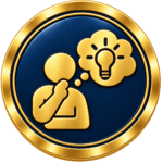 Gold-and-navy icon showing a person thinking and a lightbulb, representing professional reasoning and why decisions were made.
