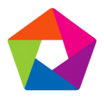 Multicoloured pentagonal logo featuring interlocking orange, pink, purple, blue and green geometric shapes surrounding a white centre