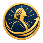 Gold and navy medallion showing a confident female professional and upward arrow, representing growing professional confidence.