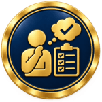 Circular gold and navy medallion featuring a thoughtful professional, assessment checklist and checkmark, representing professional judgement when evaluating SVQ evidence and competence.
