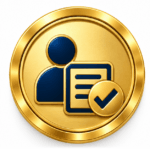 Circular gold medallion featuring a person, document and checkmark, representing authentic evidence of a candidate's own work and experience in SVQ assessment.