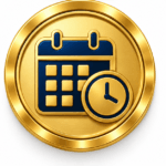 Circular gold medallion featuring a calendar and clock, representing current evidence that reflects a candidate's present occupational competence.