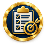 Gold and navy checklist with checkmarks and target, representing workplace-based SVQ assessment and assessment planning.