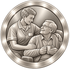 Brushed-silver medallion depicting a support worker offering reassurance and practical assistance to an older man.
