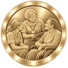 Champagne-gold medallion showing an experienced care practitioner reviewing a support plan with a colleague and a wheelchair user.