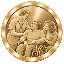 Champagne-gold medallion depicting a male key worker supporting a man using a wheelchair alongside a female companion.