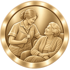 Champagne-gold medallion depicting a senior support worker providing compassionate support to an older woman.