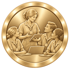 Champagne-gold medallion showing a shift leader guiding three care staff during a collaborative team briefing.