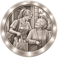 Brushed-silver medallion depicting a domiciliary support worker assisting an older woman at home with shopping and daily living.