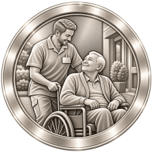 Brushed-silver medallion showing a care assistant providing compassionate support to a man in a wheelchair