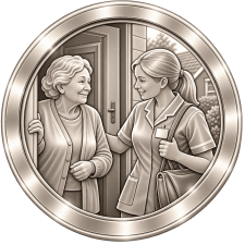 Brushed-silver medallion showing a home care worker greeting an older woman at her front door.